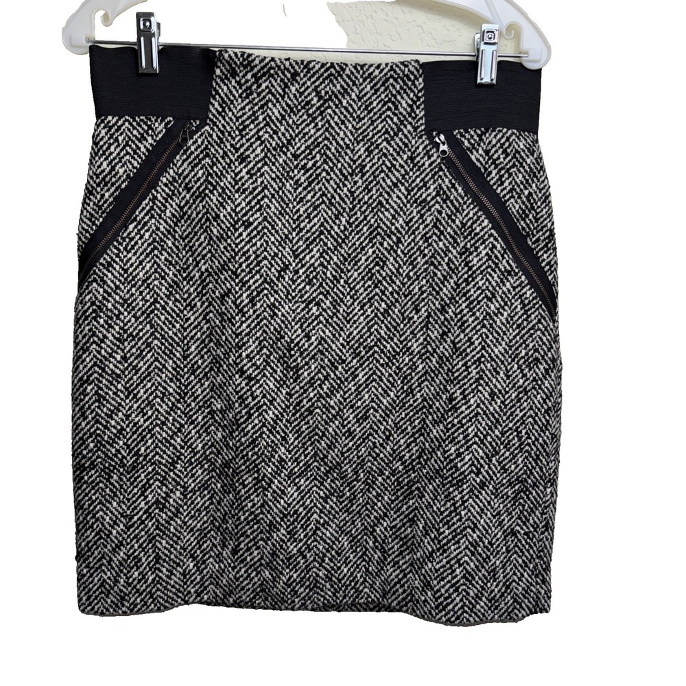 Halogen Herringbone Mini Skirt 8 Black White Wool Blend Front Zipper Pockets